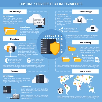 Hosting services infographic set with data and cloud storage symbols flat vector illustration