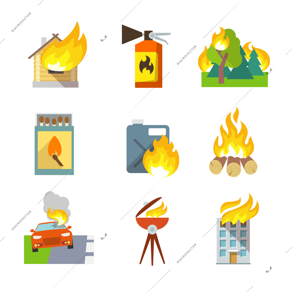 Fire protection icons set of house forest car accidents isolated vector illustration