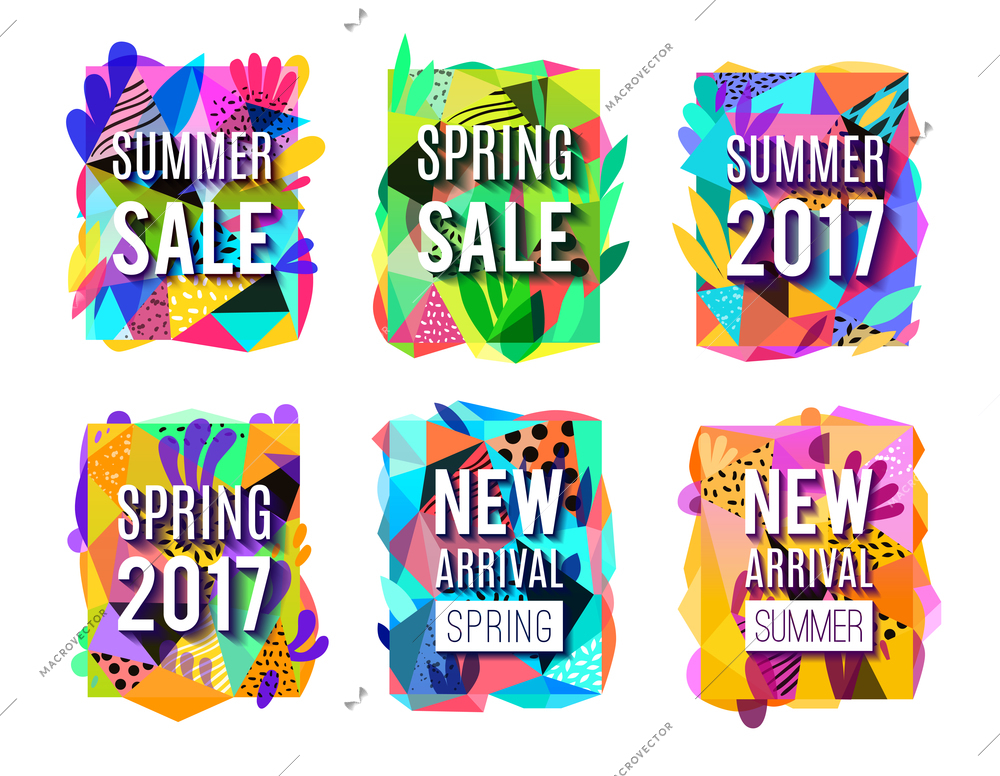 Season sales 6 modern colorful background banners collection for springand summer new arrivals  isolated vector illustration