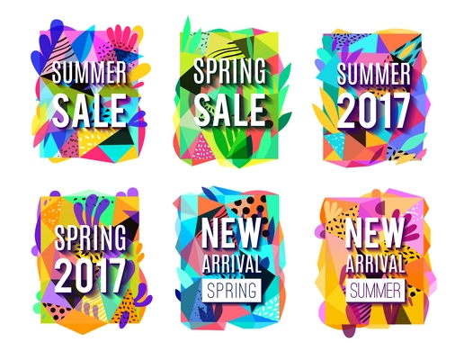 Season sales 6 modern colorful background banners collection for springand summer new arrivals  isolated vector illustration