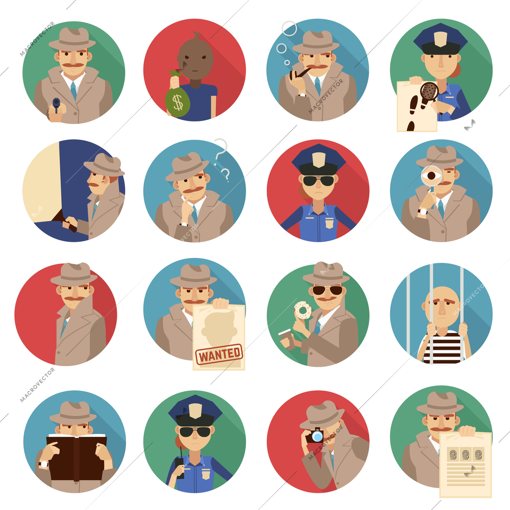 Private detective round icons set with investigation symbols flat isolated vector illustration