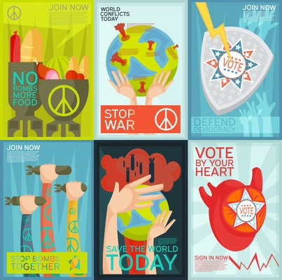 Colorful flat set of social and political propaganda posters isolated vector illustration