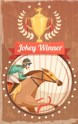 Jockey winner vintage poster with champion cup and rider on galloping horse design elements flat vector illustration