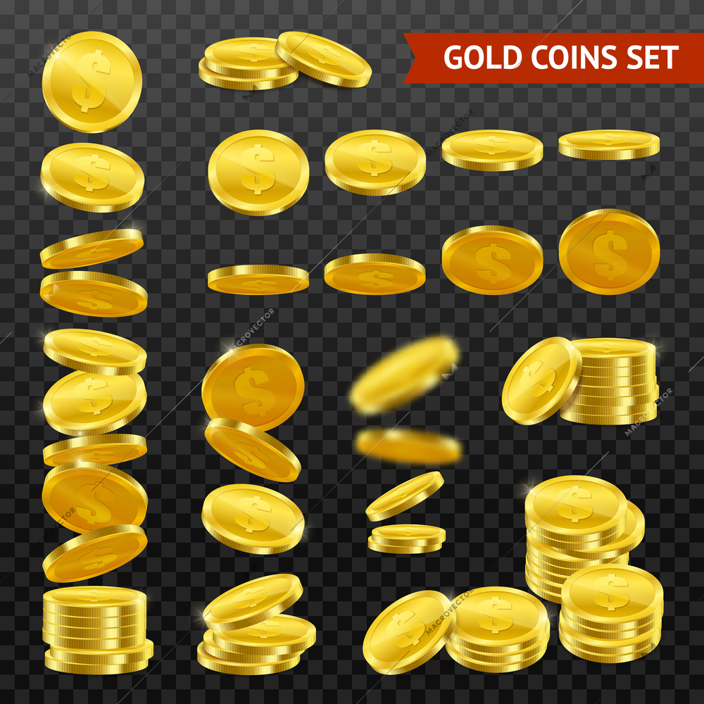 Gold coins with dollar symbol collection falling in stacks rolls on black transparent background realistic vector illustration