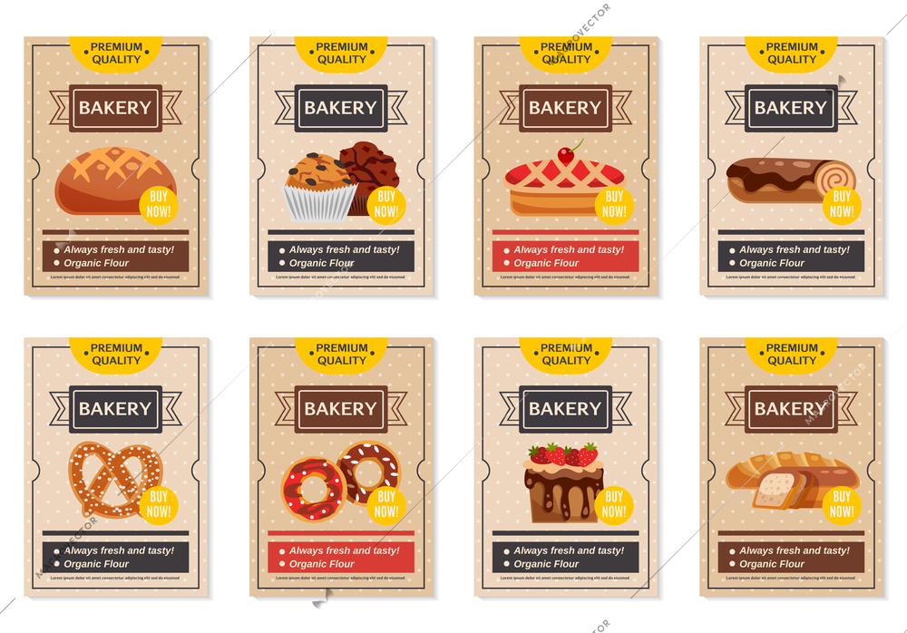 Set of flat retro bakery posters with presentation of different cooking products isolated vector illustration