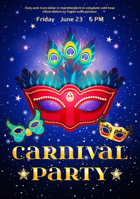 Carnival party poster with date of event and set of masquerade mask on night starry sky background flat vector illustration