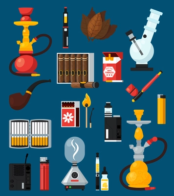 Smoking flat colored icons set with cigarettes cigar matches lighters bong hookah pipe tobacco leaves flat vector illustration