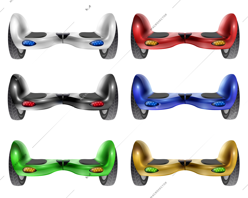 Realistic self-balancing gyro two-wheeled board scooter or hoverboard 6 colorful images set vector illustration