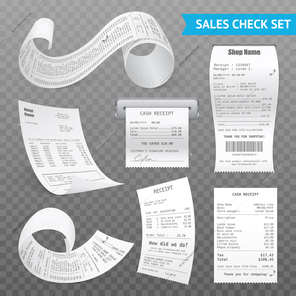 Cash register sales receipts printed on thermal rolled paper realistic images collection on transparent background vector illustrations