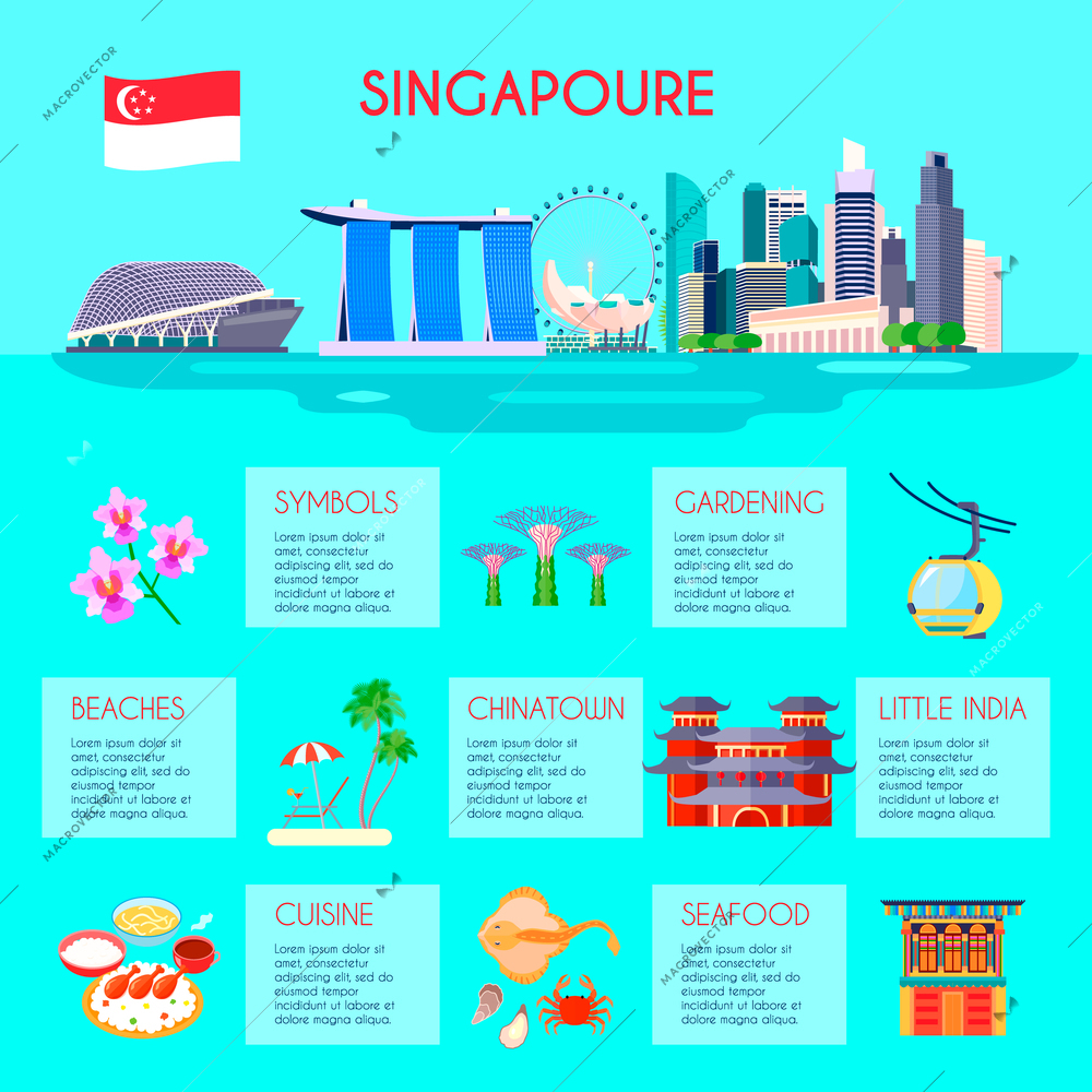 Colored singapore culture infographic with beaches gardening little india cuisine Chinatown and seafood descriptions vector illustration