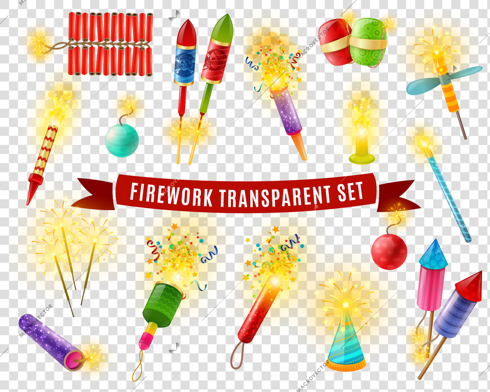 Pyrotechnics firework firecrackers indian bengal lights and sparklers special effects colorful collection on transparent background vector illustration