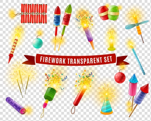 Pyrotechnics firework firecrackers indian bengal lights and sparklers special effects colorful collection on transparent background vector illustration