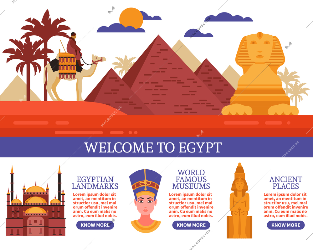 Egypt travel flat vector illustration with invitation to visit egyptian landmarks famous museums and ancient places