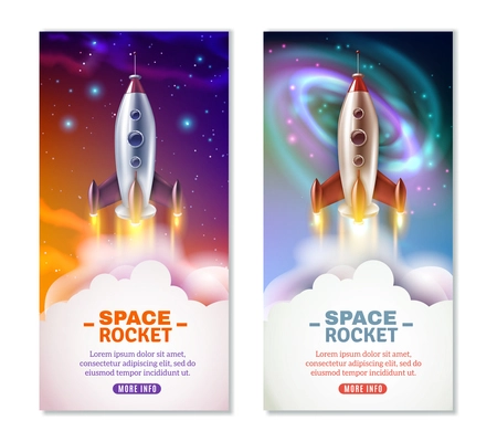 Vertical banners with space rocket launch on colorful background with planets and stars isolated vector illustration