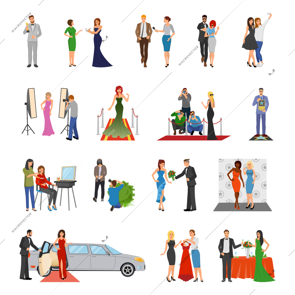 Celebrity flat colored decorative icons with paparazzi photo session stylists banquet  interview elements isolated vector illustration
