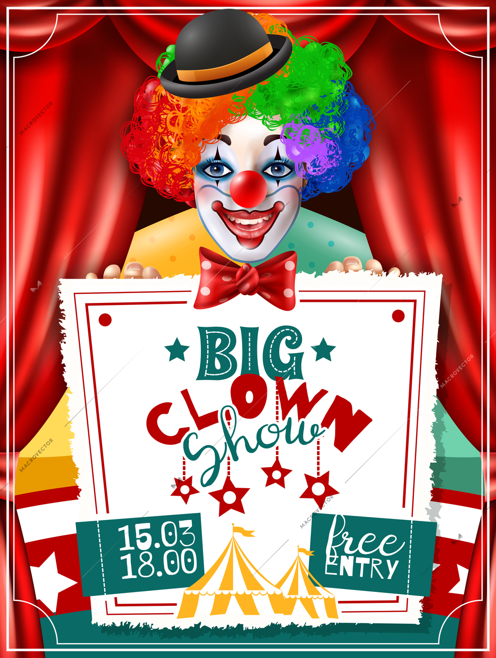 Big circus show performance invitation advertisement poster with smiling clown in bright three color wig vector illustration