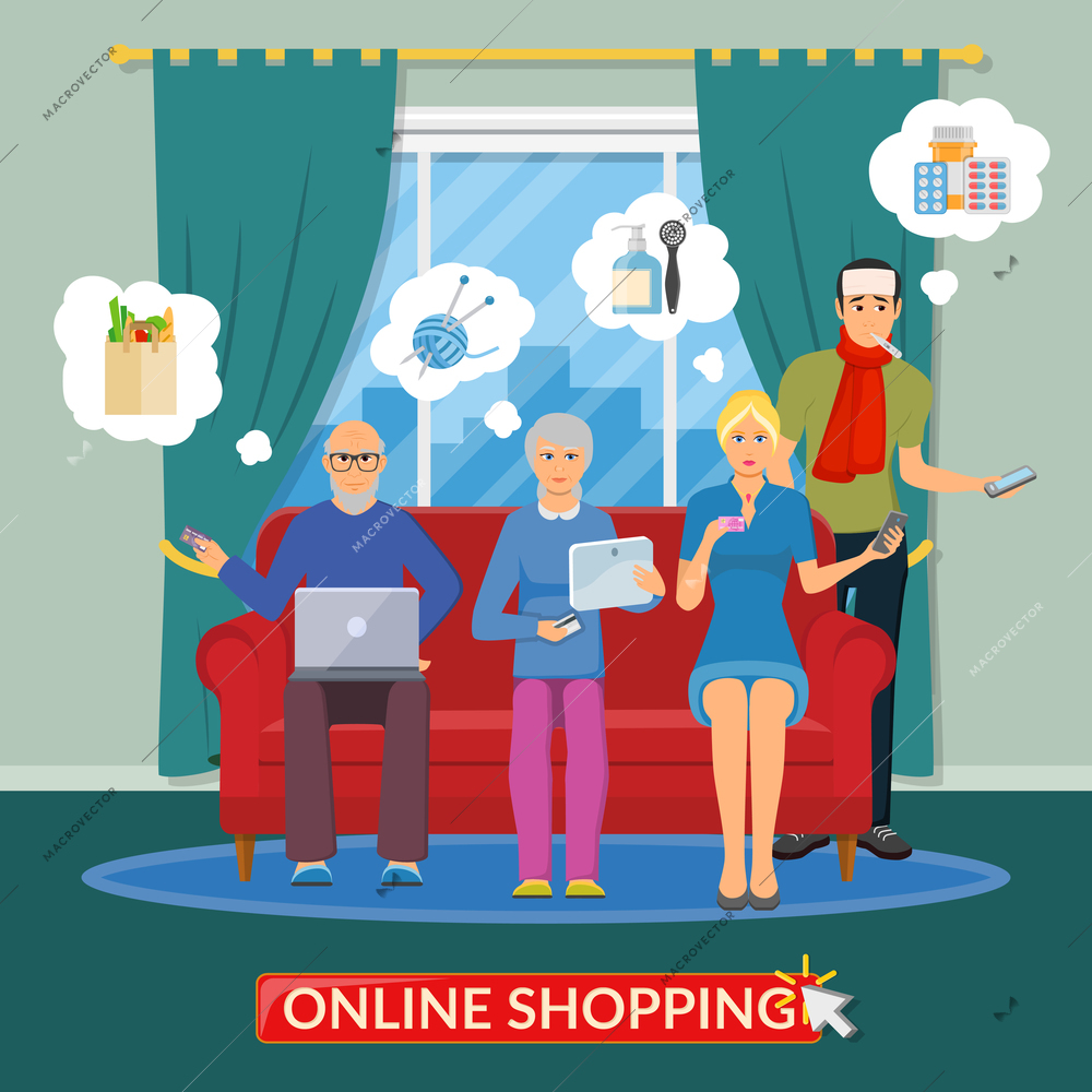 Online shopping flat composition with people group making purchases on Internet using the computer phone and tablet vector illustration