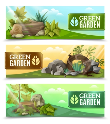 Modern landscape elements design 3 horizontal banners set with tropical plants rock garden compositions isolated vector illustration