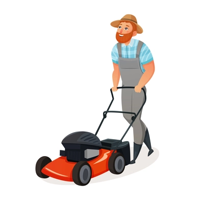 Colored cartoon and isolated grass cutting icon with man working in straw hat vector illustration