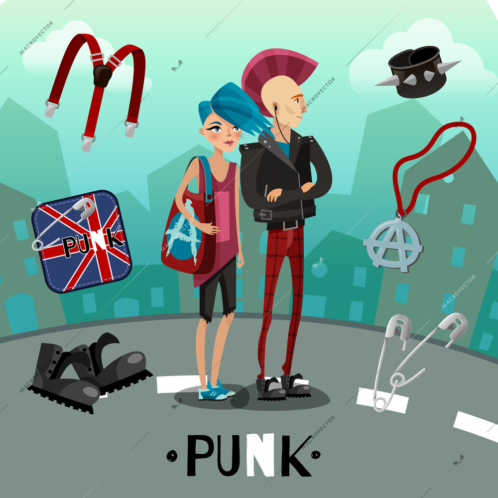 Punk subculture composition including people with flashy appearance and accessories on city background cartoon style vector illustration