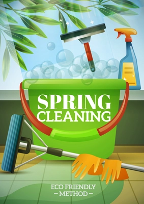 Spring cleaning poster with green branch behind window brush at glass bucket mop and gloves vector illustration