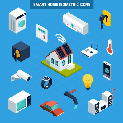 Smart home icons set on blue background isometric isolated vector illustration