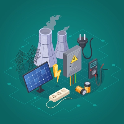 Electricity isometric composition with electric power and energy symbols vector illustration