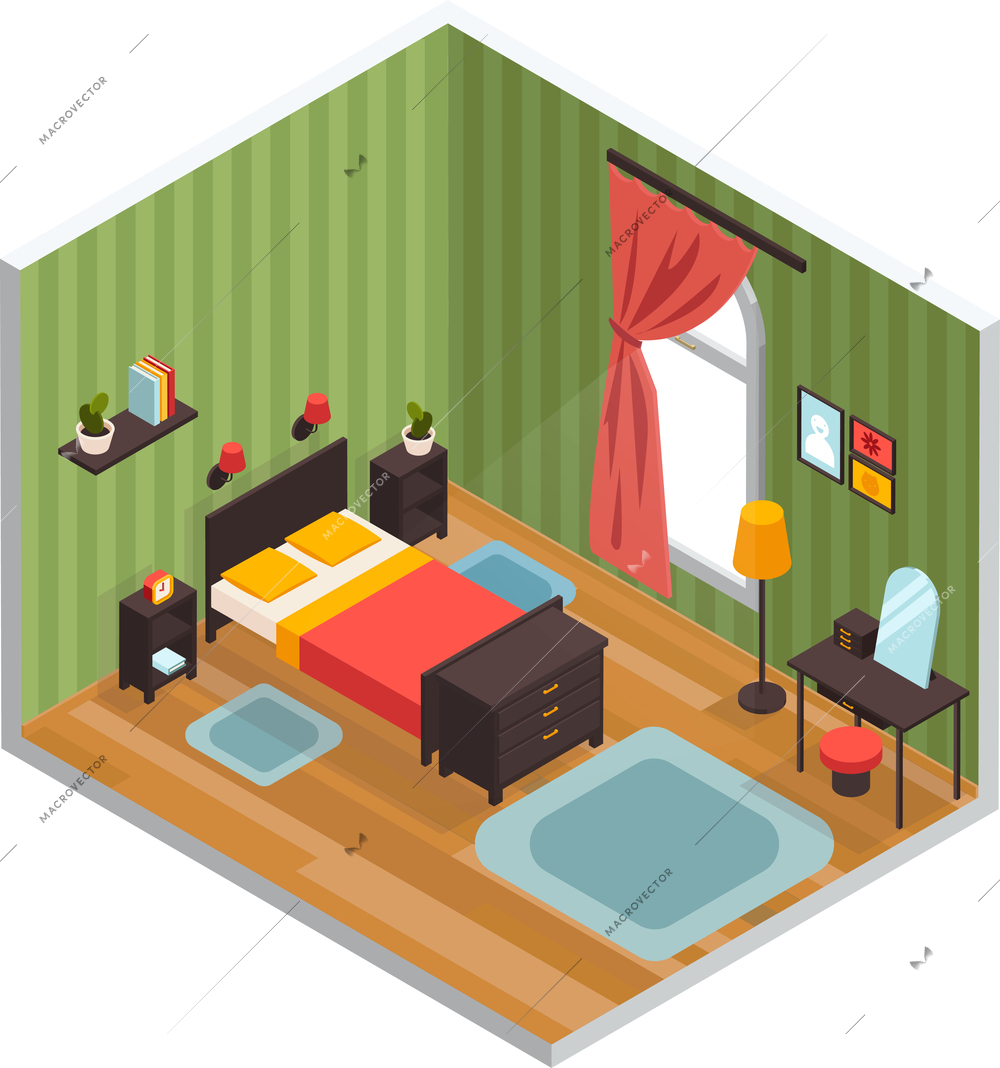 Bedroom interior concept with bed mirror and carpet isometric vector illustration