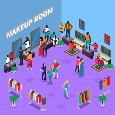 Makeup room with models and assistants mannequins racks with clothing and interior elements isometric vector illustration
