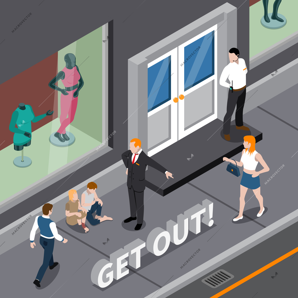 Isometric scene with man in business suit expelling homeless persons from window of clothing shop vector illustration