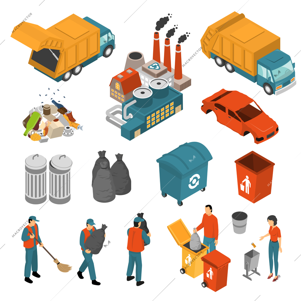 Isolated colored isometric garbage recycling icon set with garbage collectors and containers vector illustration