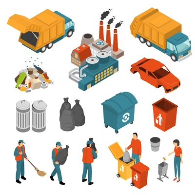 Isolated colored isometric garbage recycling icon set with garbage collectors and containers vector illustration