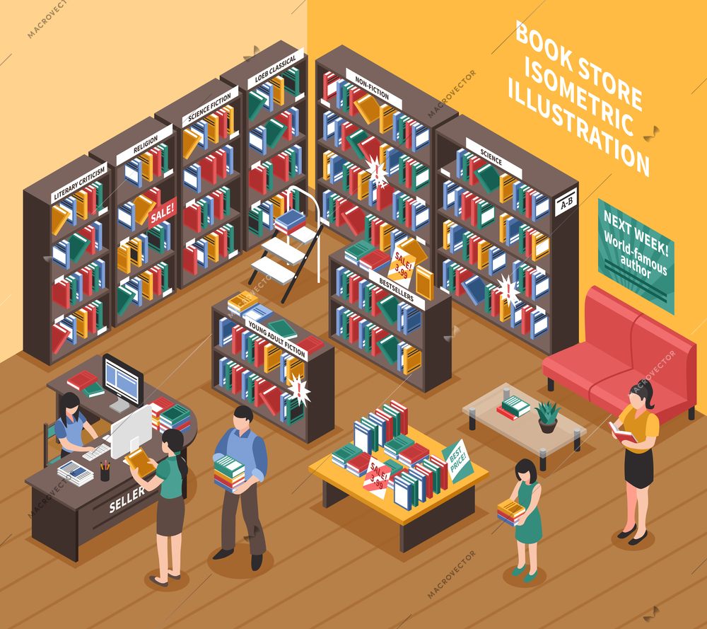 Book shop interior isometric illustration of bookshelves with printed publications stepladder shoppers and seller vector illustration