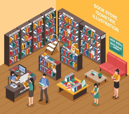 Book shop interior isometric illustration of bookshelves with printed publications stepladder shoppers and seller vector illustration