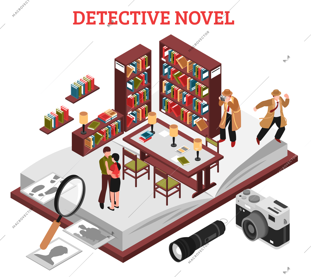 Detective novel design concept with interior of reading room of library and elements of detective plot isometric vector illustration