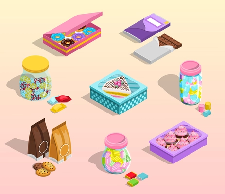 Confectionery packaging cartoon set with chocolate and cookies isolated vector illustration