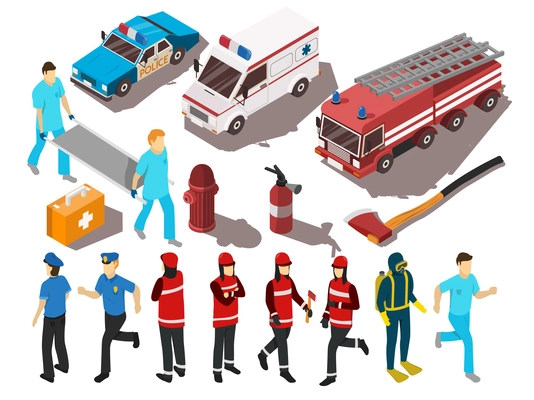 Rescue service workers their cars and equipment isometric set isolated on white background 3d vector illustration