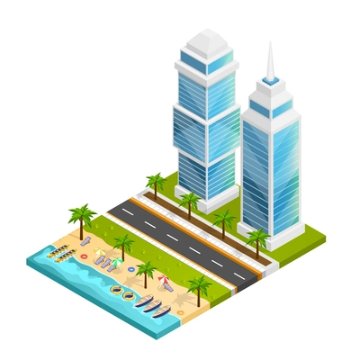 City and beach isometric concept with skyscraper road and sea vector illustration