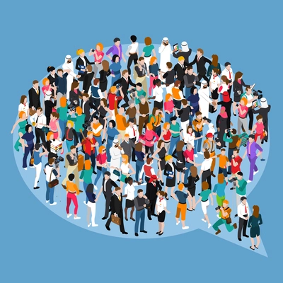 Crowd of different people standing in form of speech bubble isometric concept on blue background vector illustration