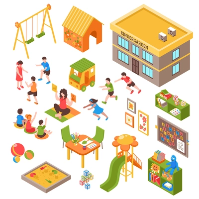 Isometric kindergarten set of isolated playground elements toys indoor furniture and kids characters on blank background vector illustration