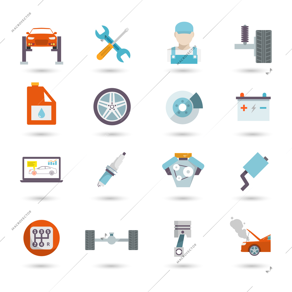 Auto mechanic car service transport work and maintenance icons isolated vector illustration