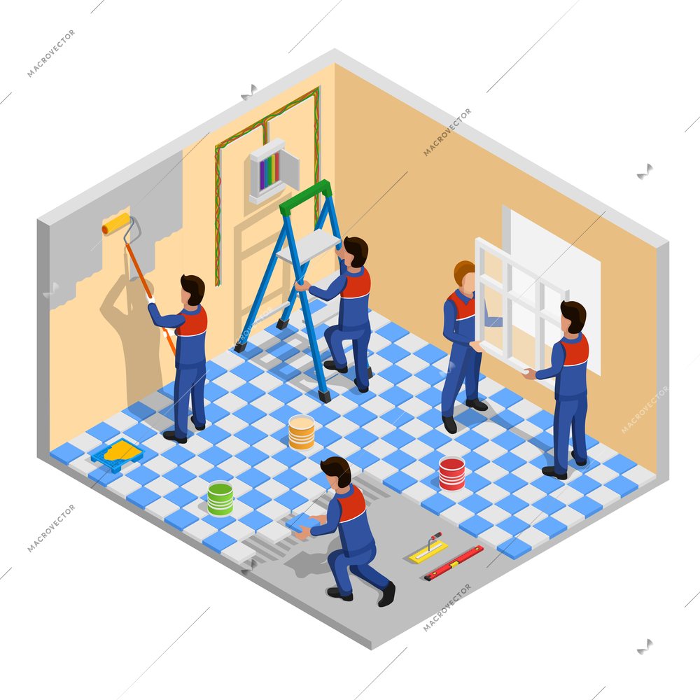 Renovation isometric composition with work equipment and redecoration symbols vector illustration