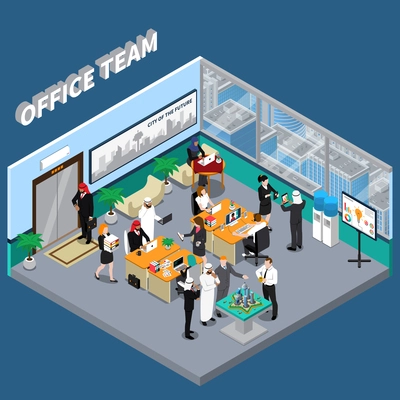 Arab persons in traditional clothing and european workers and partners in office in skyscraper isometric vector illustration