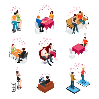 Dating isolated isometric icons with adult couples on date in cafe and bar interior and on the park bench vector illustration