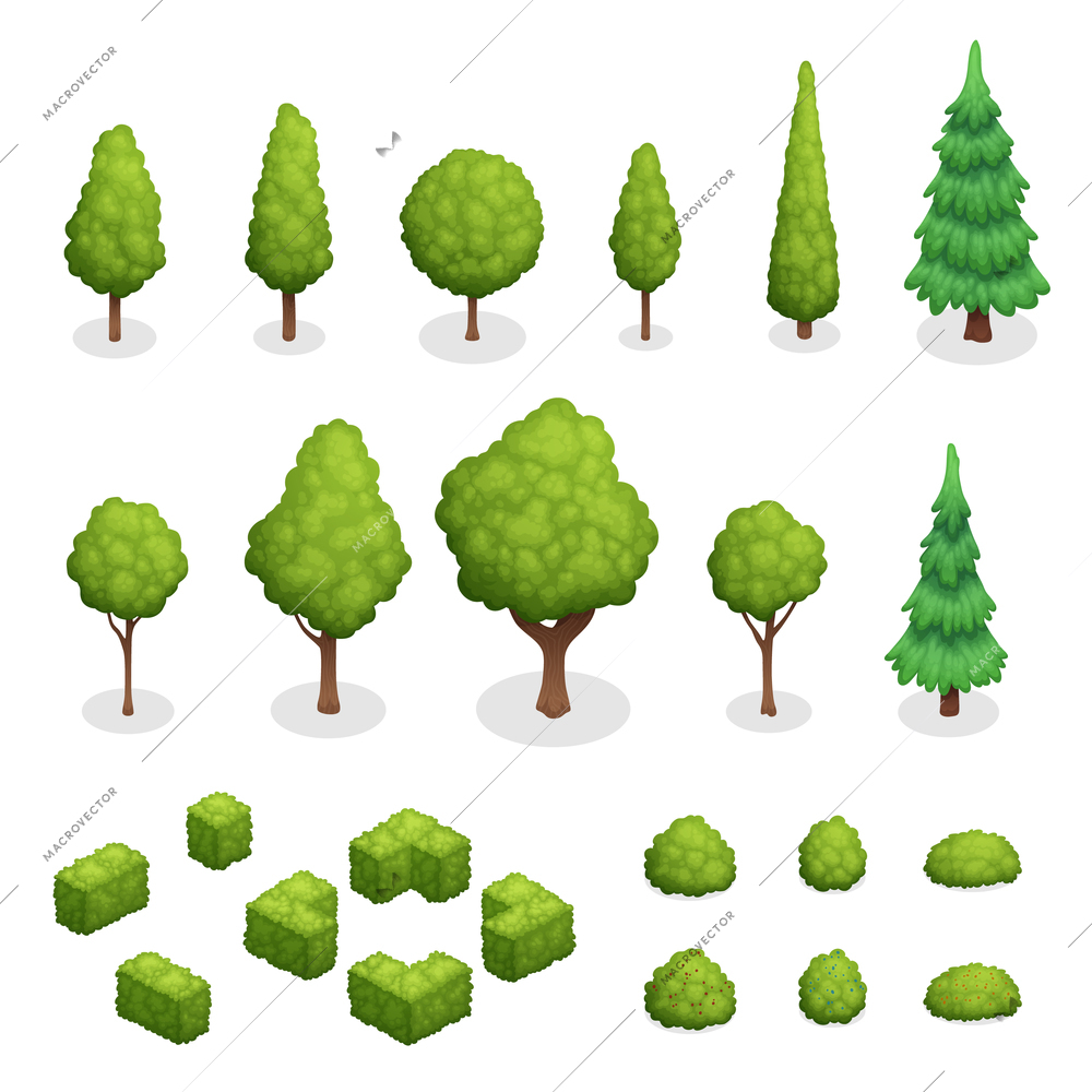 Isometric set of park plants with green trees and bushes of various shapes isolated vector illustration