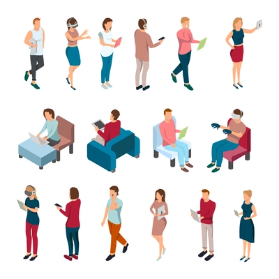 Gadgets people isometric set with isolated human characters during various activities involving portable electronic devices laptops vector illustration