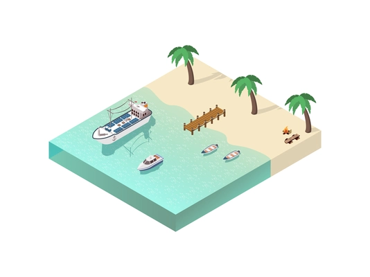 Ships isometric composition with tropical beach scenery campfire palms light wooden boats cutter and cargo ship vector illustration