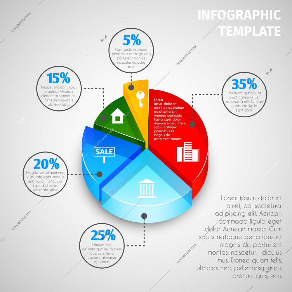 Colored abstract 3d pie chart with percent labels real estate infographic template vector illustration.