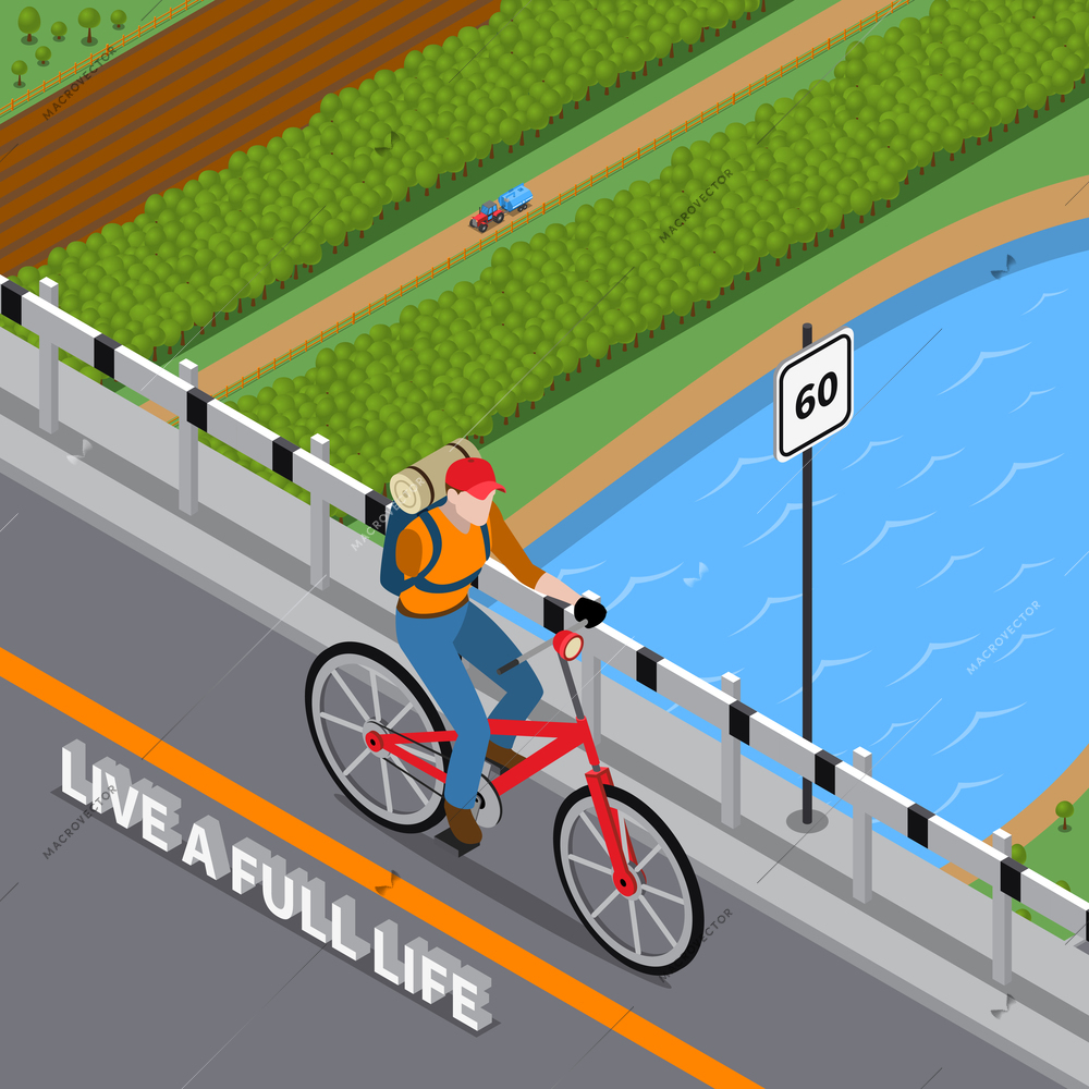 Disabled person with injured arm and backpack on bicycle going over bridge across river isometric vector illustration