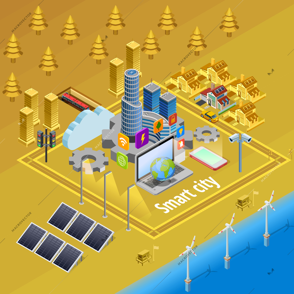 Internet of things smart city infrastructure system concept isometric poster with embedded computer controlled devices vector illustration